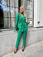 Женский брючный костюм тройка пиджак+топ+брюки зеленый LK 55