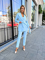 Женский брючный костюм тройка пиджак+топ+брюки голубой LK 55