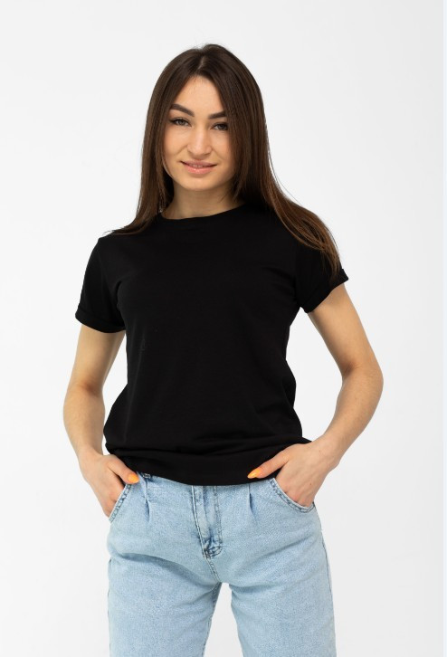 Жіноча Футболка S M L Xl 2XL з Манжетом на Рукаві Чорна