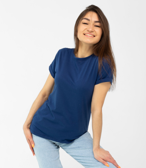Жіноча Футболка S M L Xl 2XL з Манжетом на Рукаві Темно-синя, фото 1