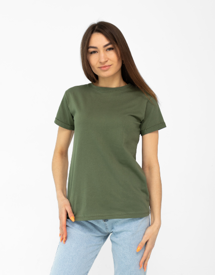 Жіноча Футболка S M L Xl 2XL з Манжетом на Рукаві Олива