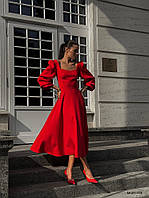 Классическое платье длины меди с длинными рукавами на манжете красный SV 55