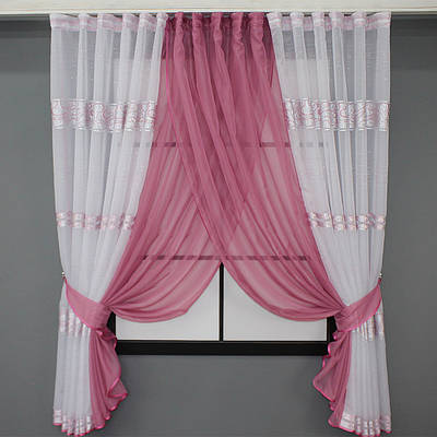 Кухонні шторки (400х170см.) комбіновані. Колір малиновий з біло-рожевим. Код 111к 52-0794