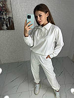 Костюм-двойка кофта с воротником и свободные штаны вельвет Вафля белый SLK 55