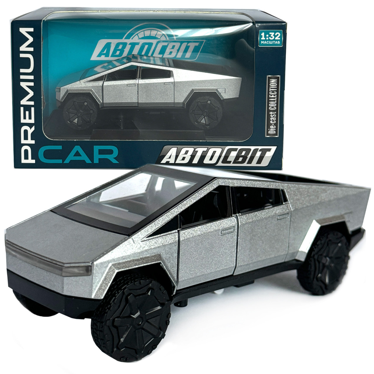 Машинка металева Tesla Cybertruck Тесла Кібертрак срібна 1:36 відкр передні двері інерція звук світло 13,5*4,5*5 см (AP-1974), фото 1