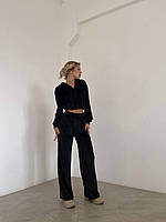 Зручний гарний костюм (кофта укорочена з подвійним капюшоном+ широкі штани) велюр спорт чорний
