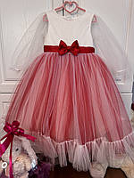 Платье для девочки праздничное на 5-7 лет белое с красным с рукавами