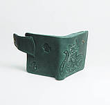 Дамський гаманець з натуральної шкіри ручної роботи з орнаментом "Котики" зелений, фото 2