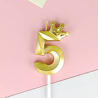 Свеча для торта цифра "5" с короной ЗОЛОТО