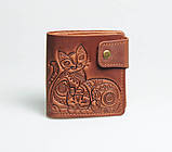 Жіночий гаманець-портмоне з натуральної шкіри ручної роботи з орнаментом "Котики" коричневий, фото 2