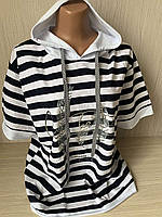 Красивая стильная хлопковая женская  футболка Gertie полосатая  с капюшоном, Размер 50,52,54,56 52, белый