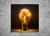 Картина Винтажная Горящая Лампочка Светящаяся Лампочка с Пламенем Внутри Физика Яркий Декор на Стену 50x50