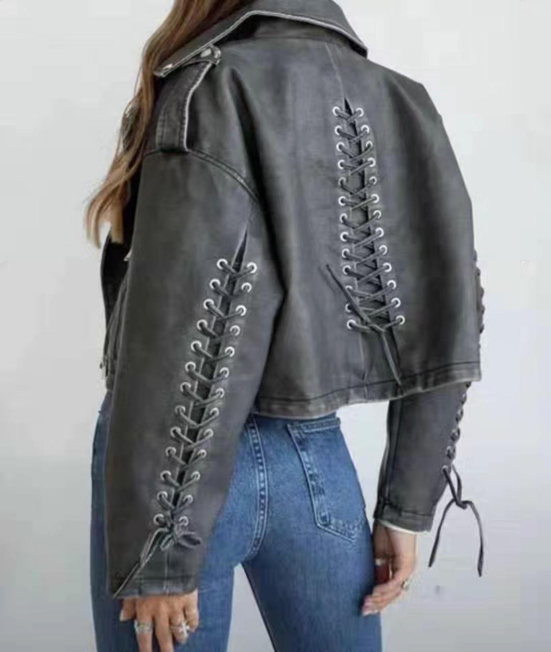 Жіноча шкіряна коротка вінтажна куртка косуха зі шнурівкою на спині та рукавах, фото 1