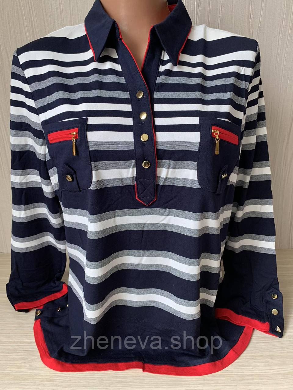 Жіноча стильна смугаста кофточка футболка з довгим рукавом у смужку, комір, кишені, фото 1