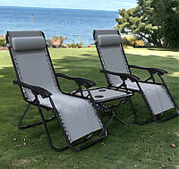 Шезлонг лежак 2 шт и столик набор Bonro SP-167A серый раскладной крепкое садовое кресло