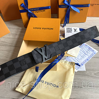Ремінь Louis Vuitton шкіряний преміум класу в коробці з документами, сіра шахматка, фото 3
