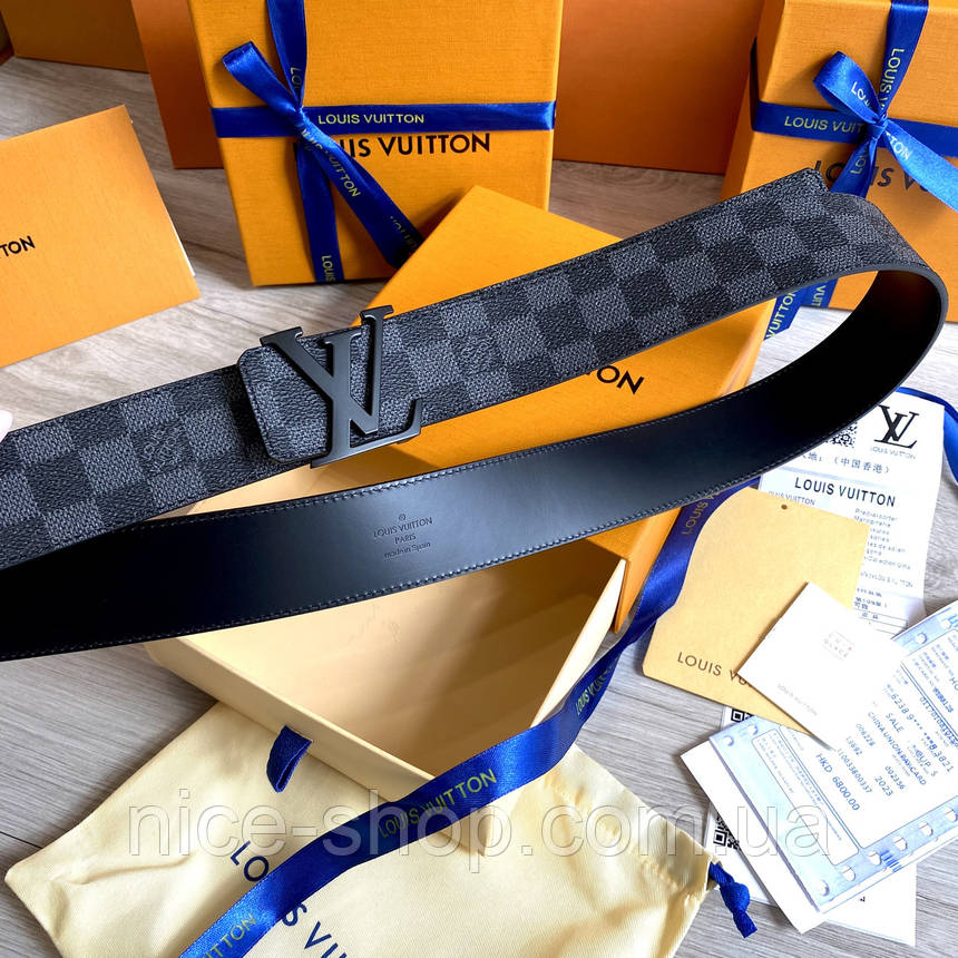 Ремінь Louis Vuitton шкіряний преміум класу в коробці з документами, сіра шахматка, фото 1
