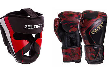 Боксерський набір, Боксерські рукавички 12 унцій + Шолом для боксу розмір L червоний ZELART 7041-0866
