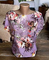 Женская блуза из софтовой ткани с цветочным принтом и коротким рукавом размеры от 44 по 58