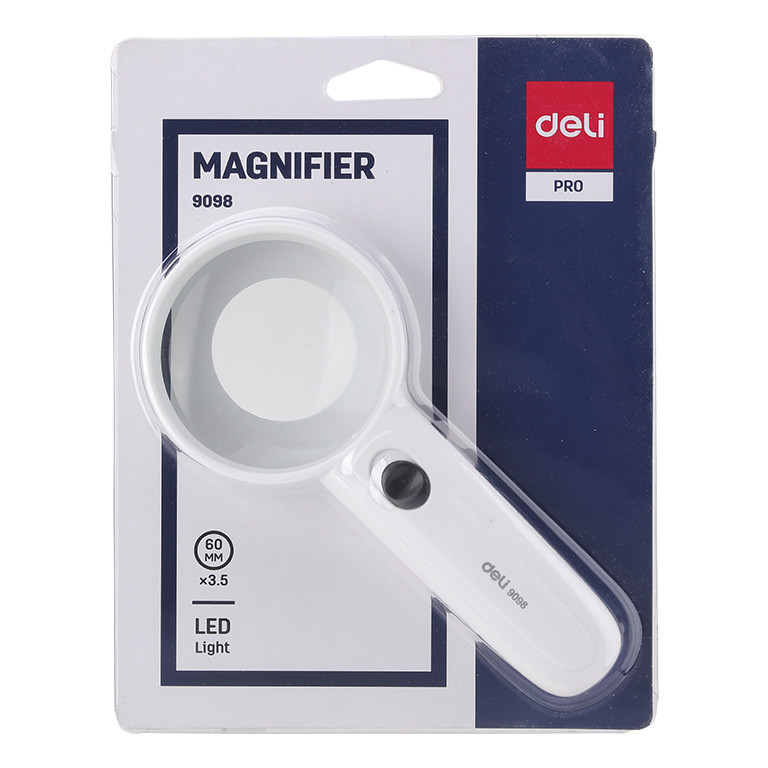 Лупа Deli 9098 бiла, 65мм, 3,5x пластикова ручка з пiдсвiчуванням, фото 1