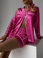 Пижама виктория сикрет ярко розового цвета, спальный комплект рубашка + шорты из шелка