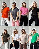 Жіноча літня базова однотонна футболка: 40-42, 44-46, 48-50, 52-54 - чорний, білий, оранж, зелений, беж, хакі, графіт, рожевий.