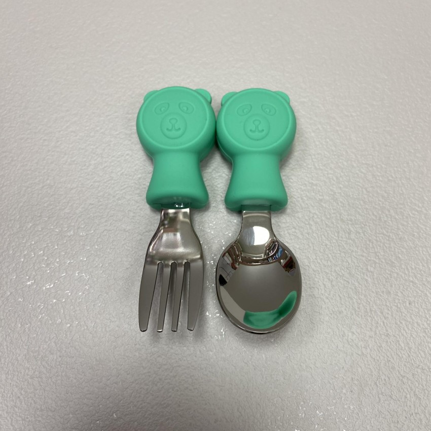 Набір дитячих столових приборів (ложка, виделка) Stenson MA-4917 сталевий з зеленим, фото 1