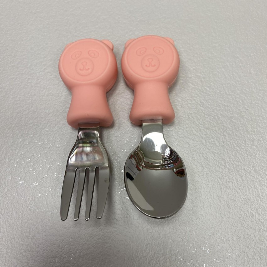 Набір дитячих столових приборів (ложка, виделка) Stenson MA-4917 сталевий з персиковим, фото 1