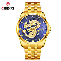 Классные Часы мужские наручные из нержавеющей стали водонепроницаемые Chenxi CX-8220 Золотой-Синий