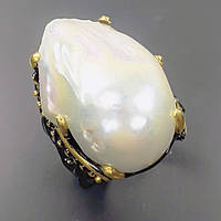 Кільце срібне ручне роботи в чорному роді з великим Барочним перловим перловим, Розмір 18.5 19