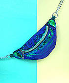 Сумка банананка синя на пояс, на плече, жіноча, в паетках