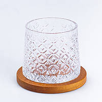 Стакан для виски стеклянный прозрачный с деревянной подставкой