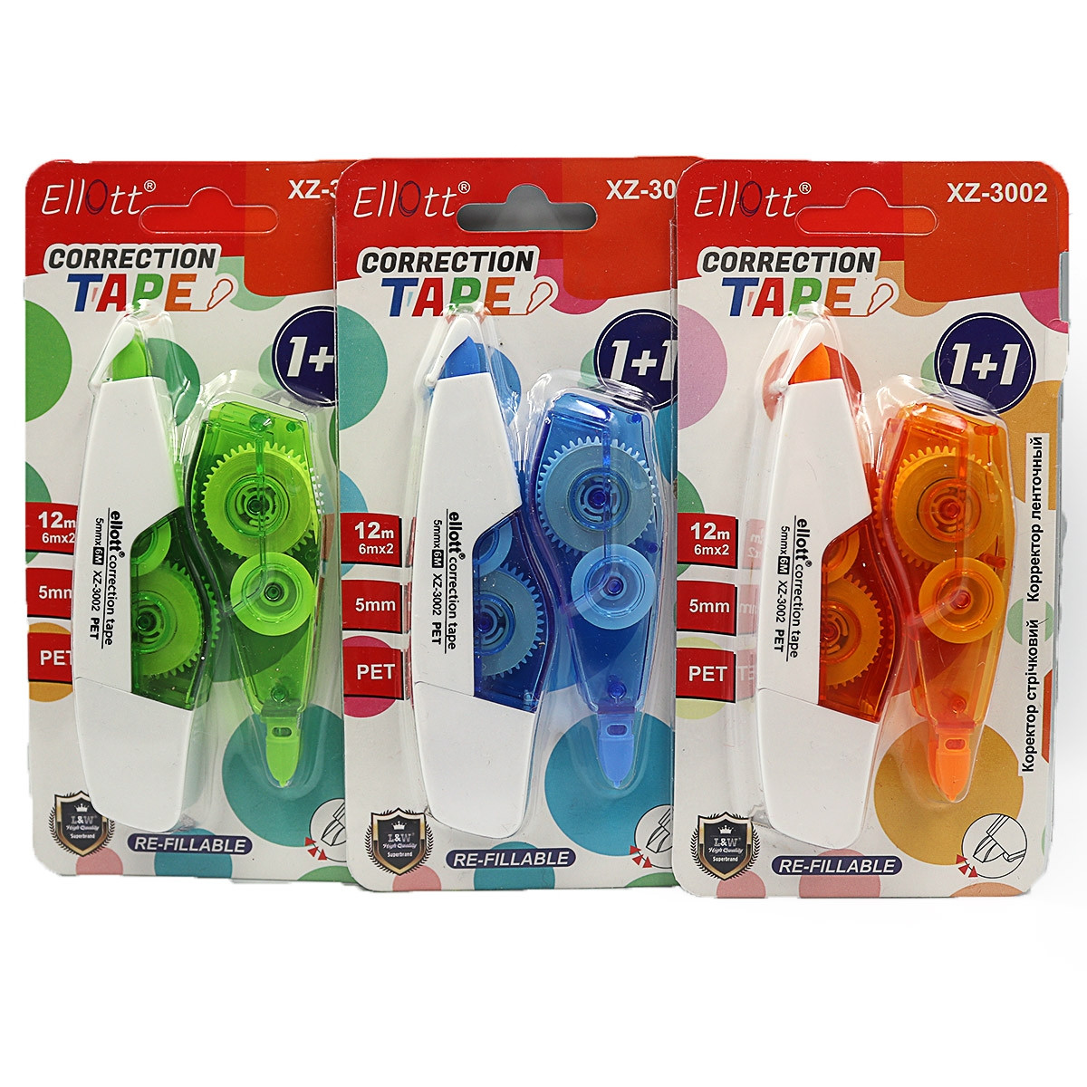 Коректор-стрічка "Ellott" 12м*5мм, mix корпусів 24шт/етик