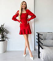 Женское короткое платье футляр с юбкой-воланом Красный, XS