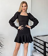 Женское короткое платье футляр с юбкой-воланом Черный, S