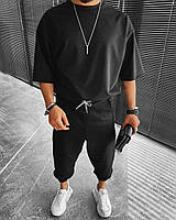 Однотонний чорний чоловічий оверсайз костюм футболка штани S/M/XL