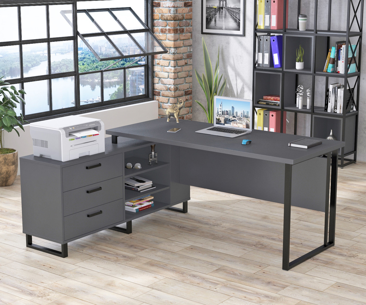 Стіл керівника Нотаріус Loft-Design офісний-письмовий кутовий з тумбою дсп графіт, фото 1