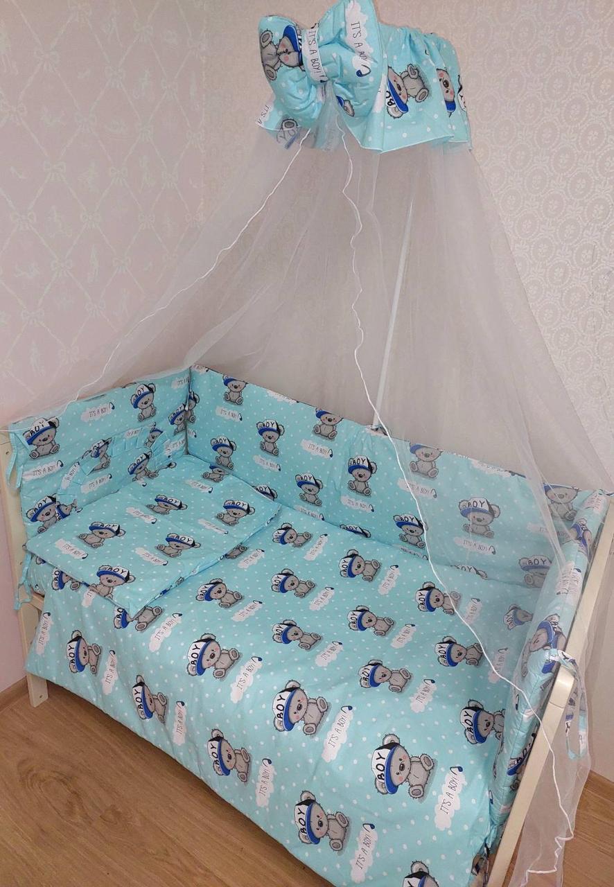 Комплект змінної постільної білизни 9 в 1 з балдахіном і захистом бязь бавовна 100% у дитяче ліжечко
