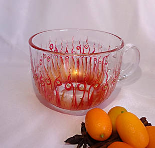 Чашка прозора скляна з авторським розписом ручної роботи "Червоне полум'я"