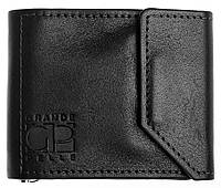 Мужской кошелек-зажим для денег Grande Pelle, кожаное портмоне с монетницей, черный цвет, глянцевый