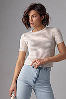 Женская футболка с ажурной вязкой - молочный цвет, L (есть размеры) S
