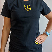 Футболка з гербом України рефлектор (L) чорна, літня патріотична футболка, футболка жіноча чорна
