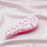 Массажная расческа для волос Mini, щетка для волос розовая с белым с рисунком фламинго, масажка 15х6см