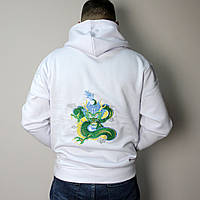 Кофта з капюшоном і кишенею, худі чоловіче з вишитим драконом, толстовка біла (XS) з вишивкою на спині