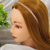 Обруч для волосся декорований склярусом бежевий 0,8см, металевий милий ободок в квіточки