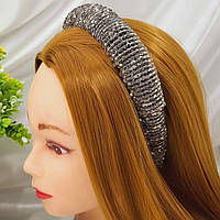 Обруч модный плетеный стиклярус серый 3,5см, объемный ободок для волос широкий