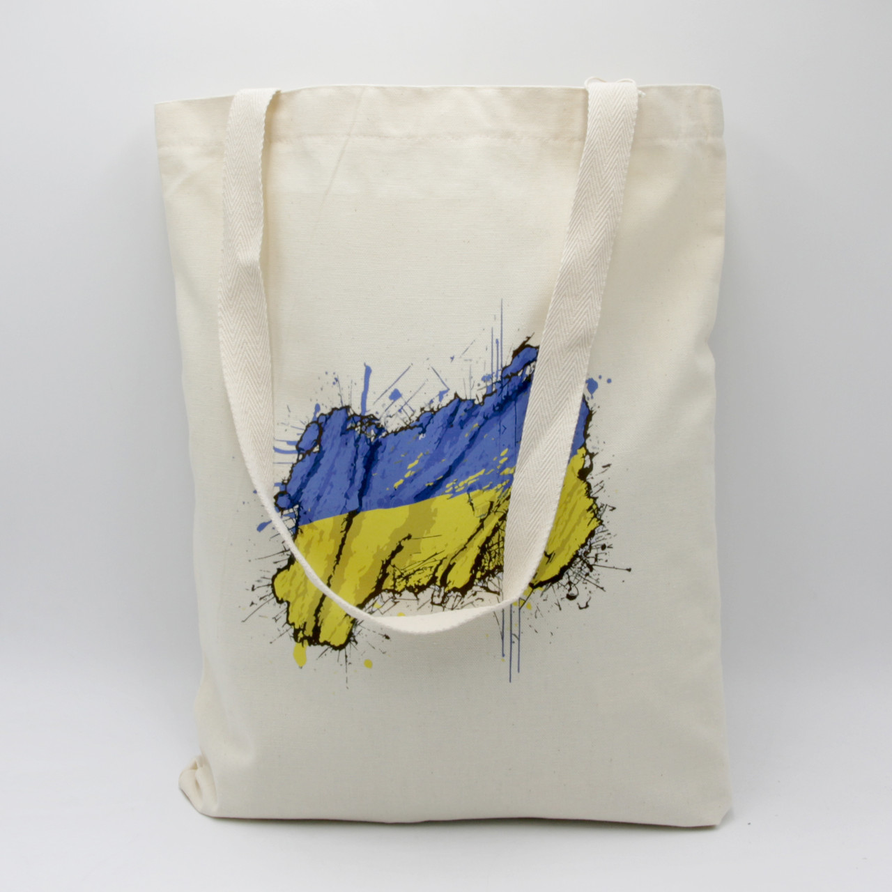 Біла сумка шопер графіті фарбою з прапором України, Патріотична сумка для покупок жіноча