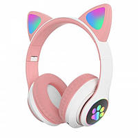 Беспроводные Bluetooth наушники с светящимися кошачьими LED ушками JST-28 micro SD, AUX Розовые