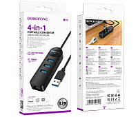 Перехідник BOROFONE DH6 USB HUB 4-в-1 (USB на USB 3.0*4шт. + RJ45) довжина 0,2 метри