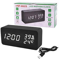 Настольные часы от сети и от батареек с белой подсветкой, температурой и влажностью VST 862S-6 (80)